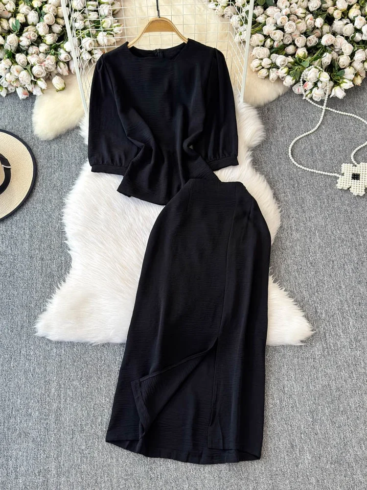 

Ele Lace Collar Five-Quarter Sve irt Top High Waist Skirt Set Women's Faion Spring Collection 2025