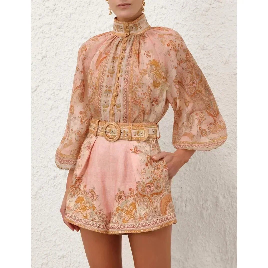 

2024 New Autumn High Quality Paisley Print Long Sleeve Ramie Blouse Tops and Linen Shorts Vintage Outfit Sets for Women