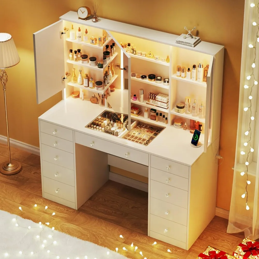 

Desk with Mirror and Lights, 50" Makeup Vanity with Glass Top & Power Outlet, White Vanity with 11 Drawers & 8 Hidden Storage