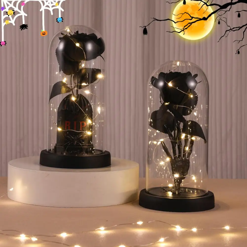 Skull Halloween Decoration Halloween Table Decor Eternal Black Roses Light-up Skull Glass Cloche for Halloween Home for Kitchen