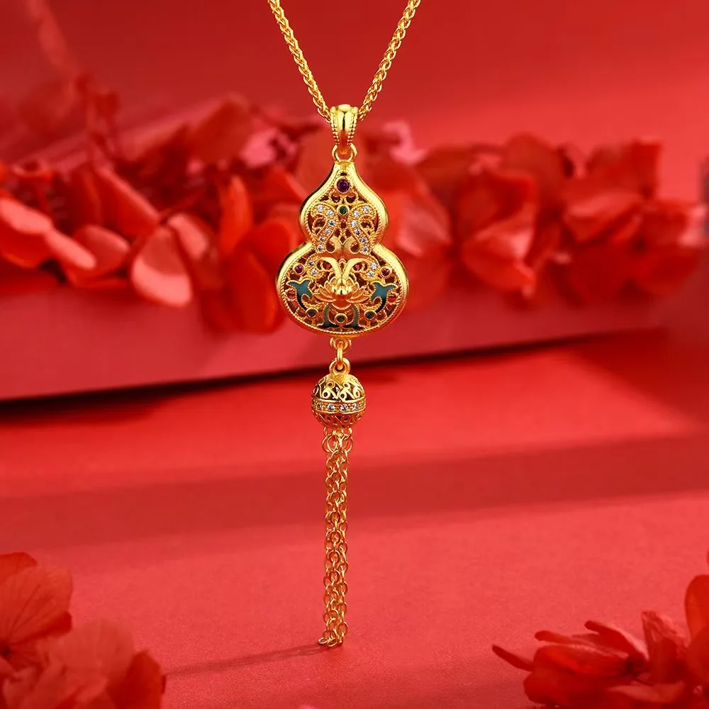 

24K real gold Chinese style diamond inlaid with Miaolian Fulu tassel enamel au999 pure gold gourd pendant necklace for women