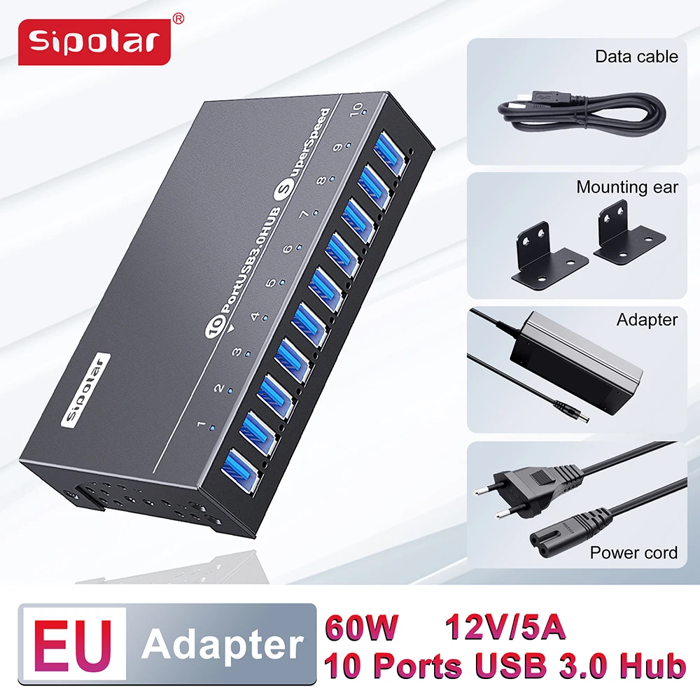 

Концентратор USB 3.0 Sipoar A-173 с синхронизацией данных и зарядным концентратором Портативный 7-портовый концентратор зарядного устройства с адаптером питания 12 В 3 А