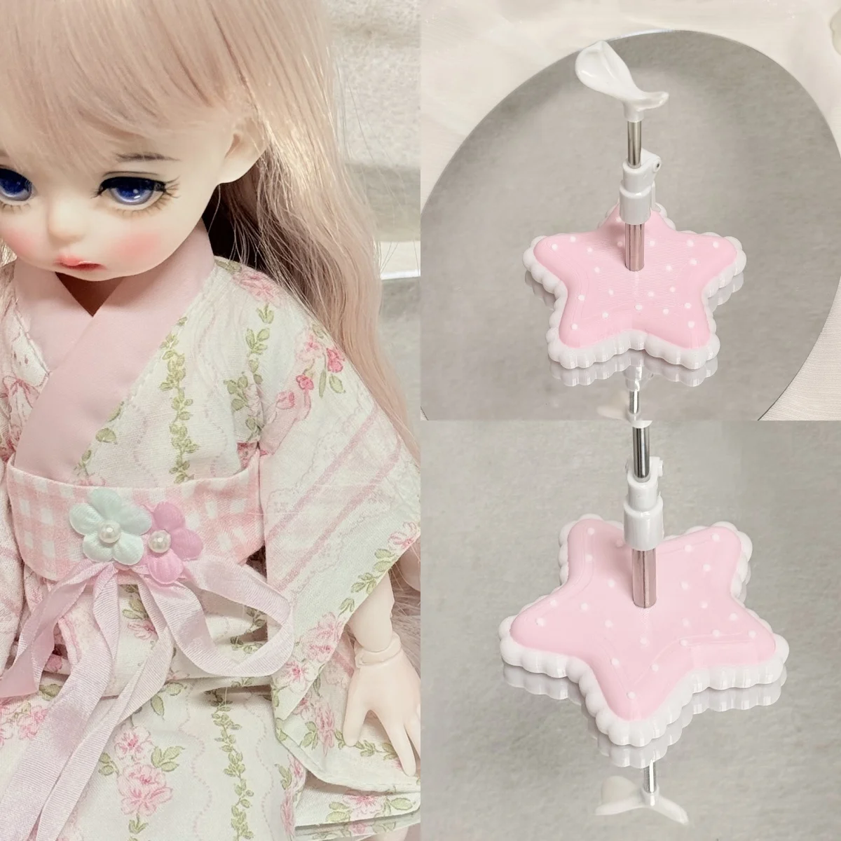 1/6 1/8 1/12 3D Printed BJD Doll Display Stand, Pink Sweet Stars Base Doll Support Stand Auxiliary Standing Holder For BJD Dolls