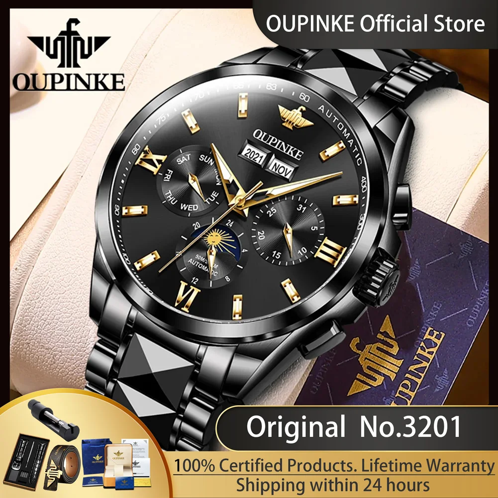 

OUPINKE 3201 Moon Phase Mechanical Watch for Men Luxury Top Brand Sapphire Mirror Waterproof Elegant Men's Automatic Wristwatch