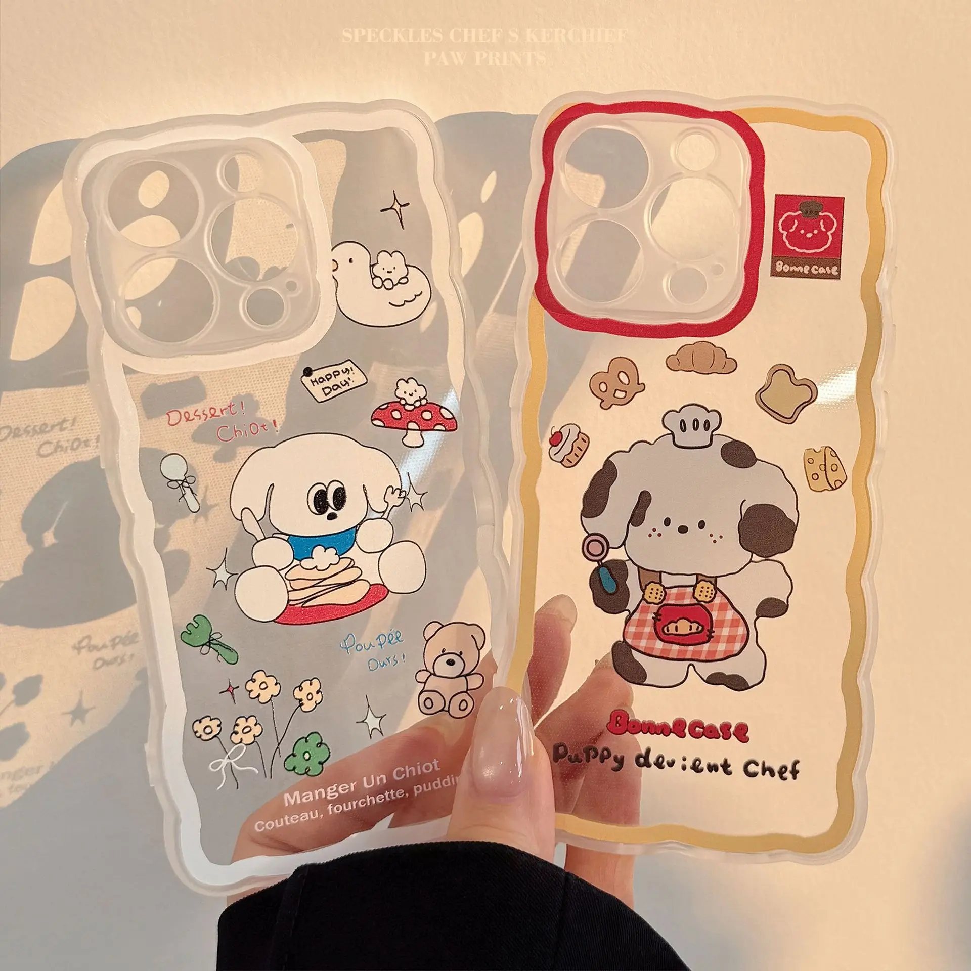 Koreanische süße Cartoon-Esstisch-Welpen-Wellen-Paar-Handyhülle für iPhone 16 15 14 13 Pro Max, transparente, stoßfeste Schutzhülle