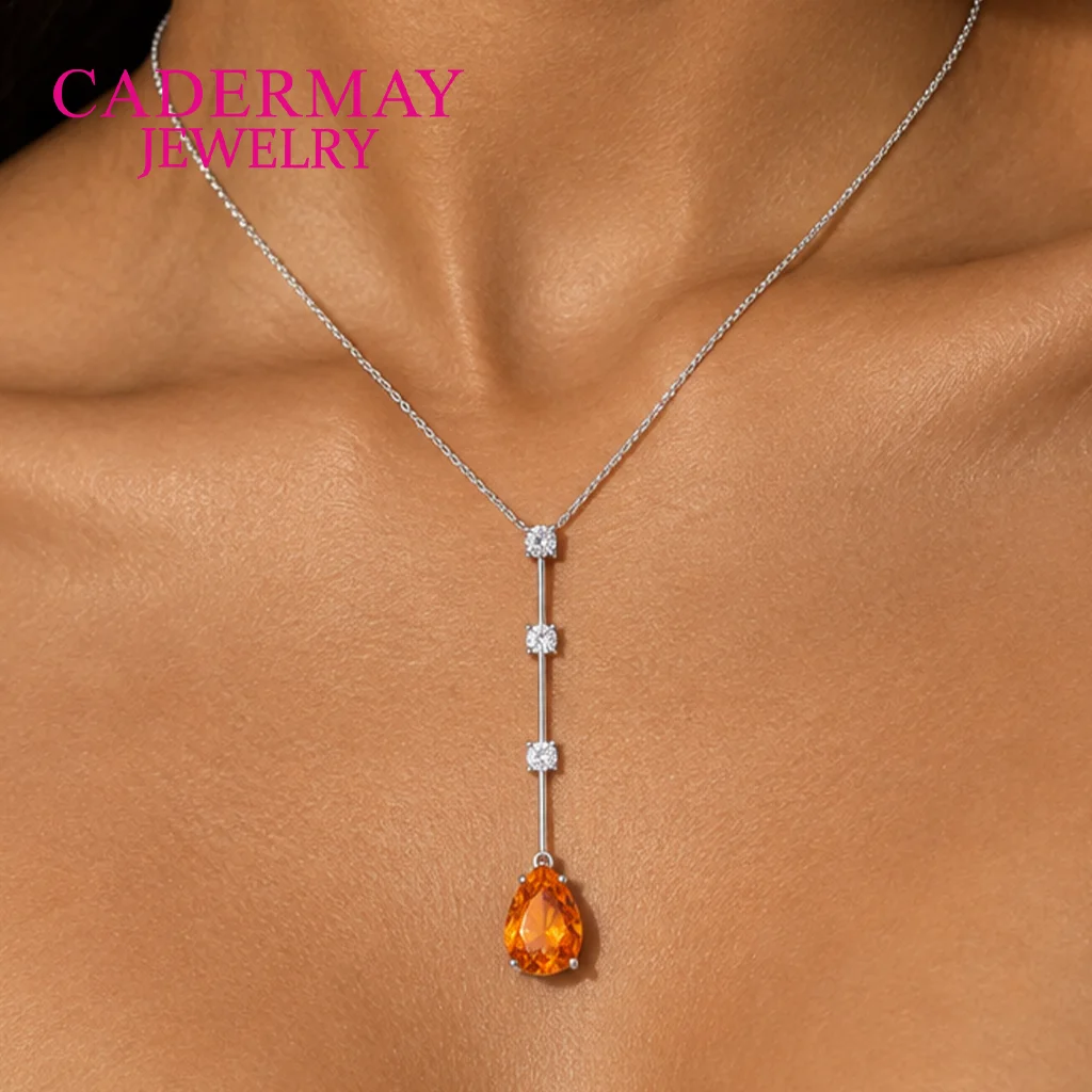 925 Silver Lab Fanta Pendant Necklace 9x13mm Pear Cut Lab Grown Fanta Sapphire Pendant with Moissanite Accents Women's Jewelry