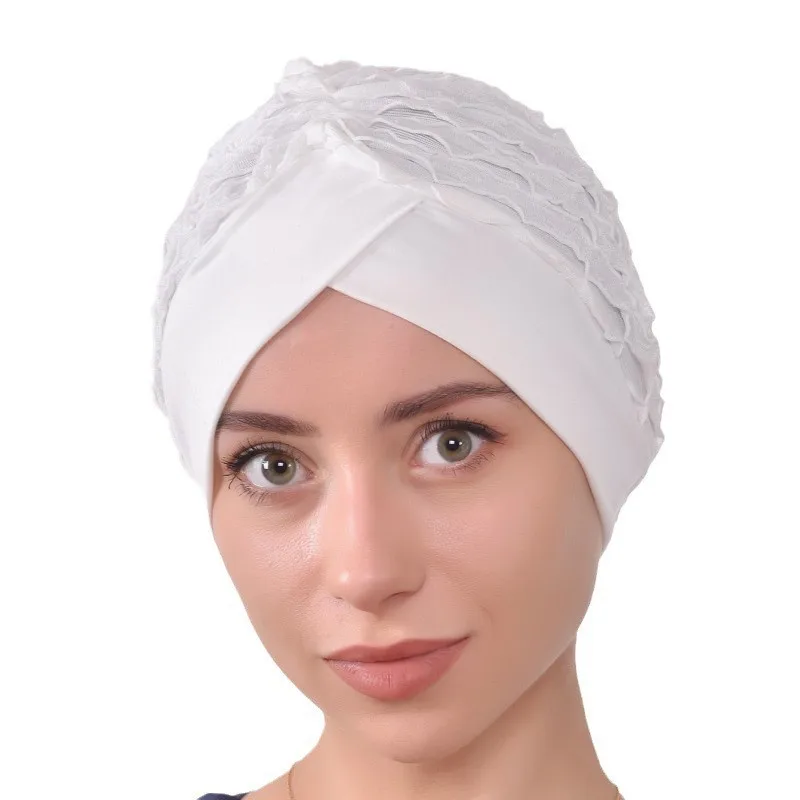 Fashion Women Ruffle Lace Turban Cap Elastic Islamic Female Solid Color Head Wraps Muslim Headscarf Lady Beanie Caps