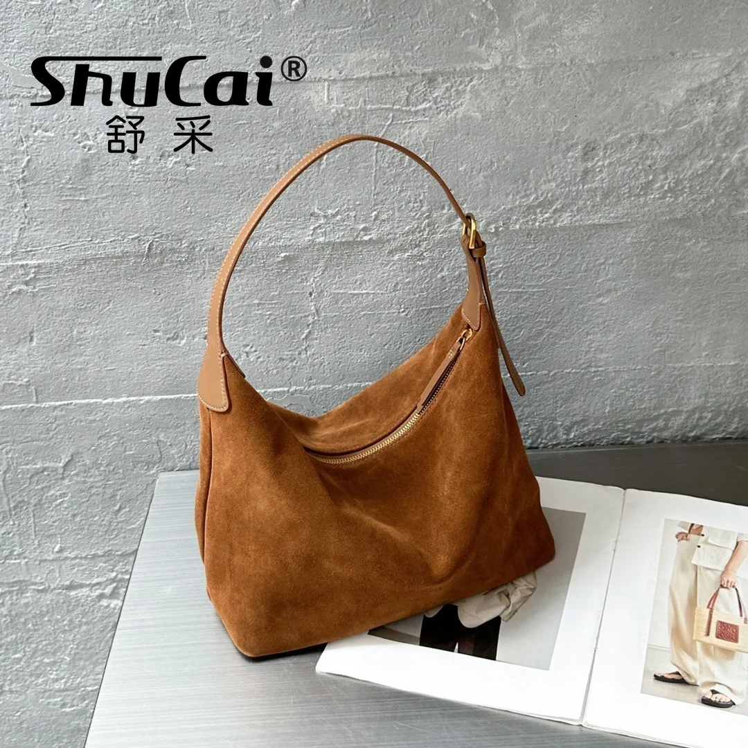 

Genuine Grade Suede Leather Fashion Shoulder Cross Coffe Bags Luxury Designer High Quality Ladies Brown Tote Bag Female Burgundy