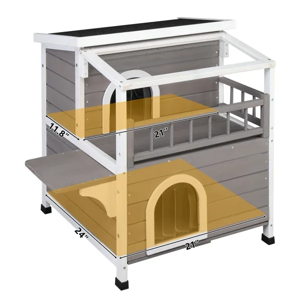 Wooden Cat house 2-Story Indoor Outdoor Luxurious Cat Shelter House with Transparent Canopy,Double escape door, Grey&White