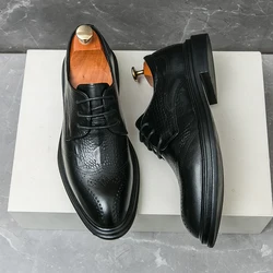 Trendy Brown Men's Brogue Shoes Lace Up Pointed High-end Banquet Dress Shoes Men's Leather Business Casual Shoes Versatile