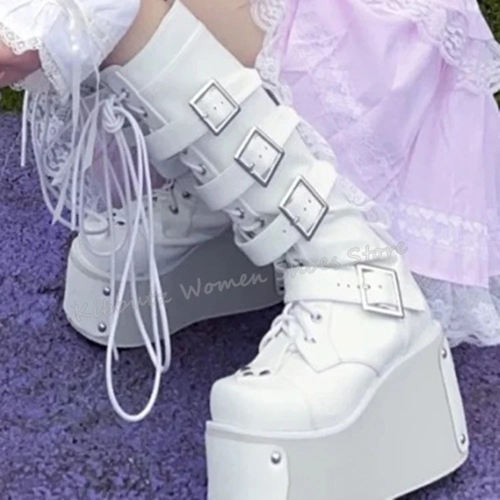 

Platform Knee High Boots Rivets Belt Buckles Fashion Sweet Novelty Genuine Leather Solid Color Round Toe Height Increasing Shoes