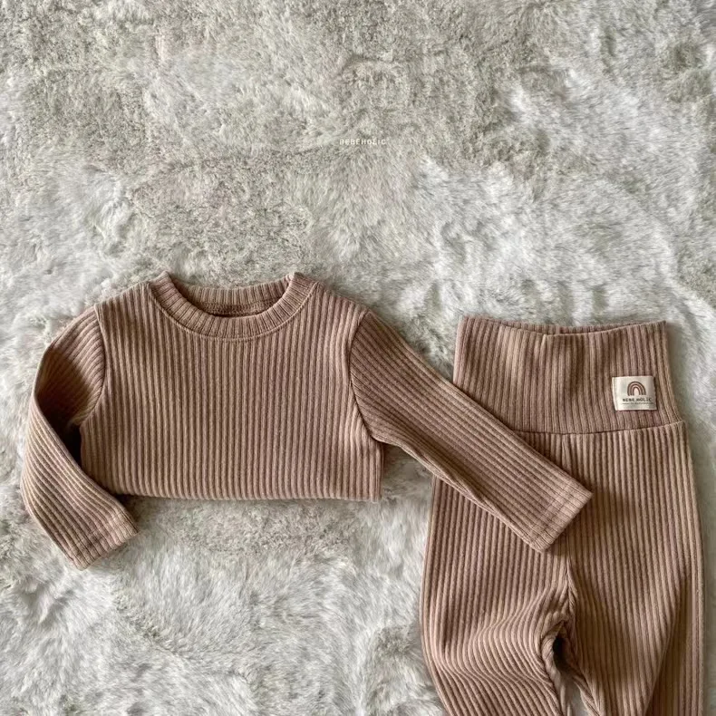 Baby Clothing Kids Casual Korean Style Solid Color Fashion Simple Home Wear Boys and Girls Spring and Autumn Two Piece Set