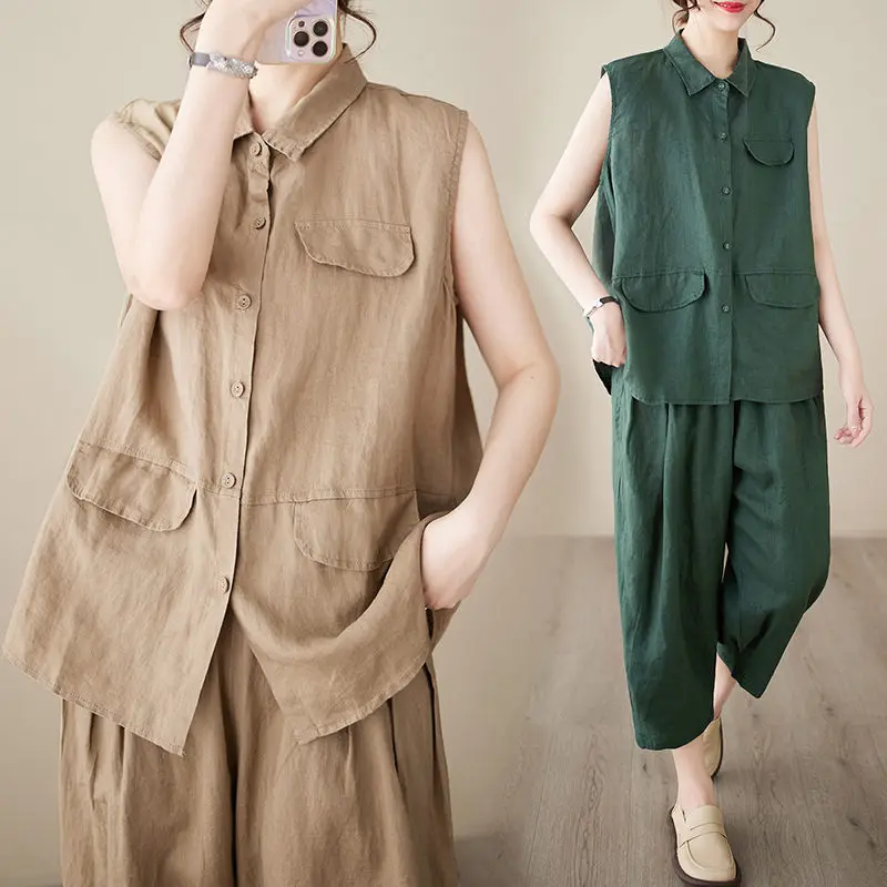 

2023 Summer Cotton Linen Loose Vest+Large Size Halen Pants Two-Piece Set For Women Fashion Casual Tops Trousers Tracksuit Z608