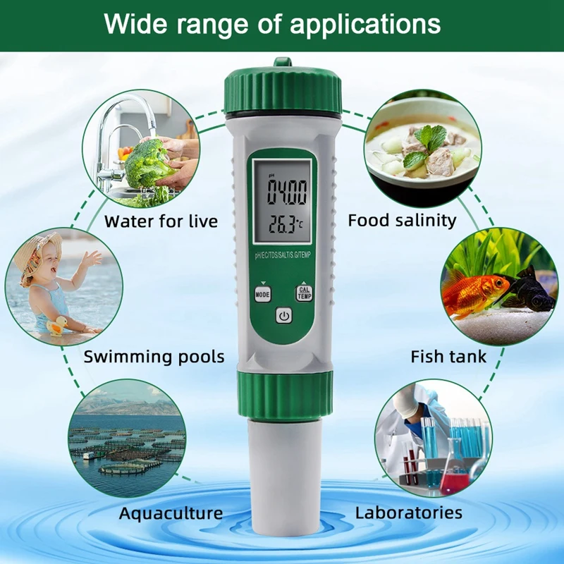 Versatile Digital PH Meter 6-In-1 For Water Quality Testing Measures PH, EC, TDS, SALT, S.G, And TEMP