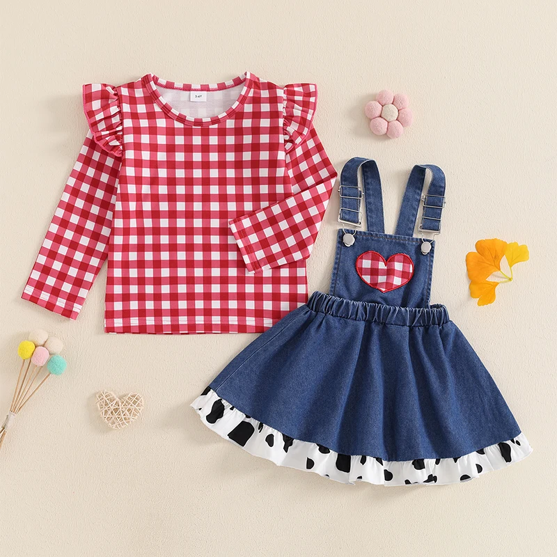 Conjunto de ropa de otoño para niñas pequeñas, Tops de manga larga con estampado a cuadros, falda con tirantes de mezclilla, 2 piezas