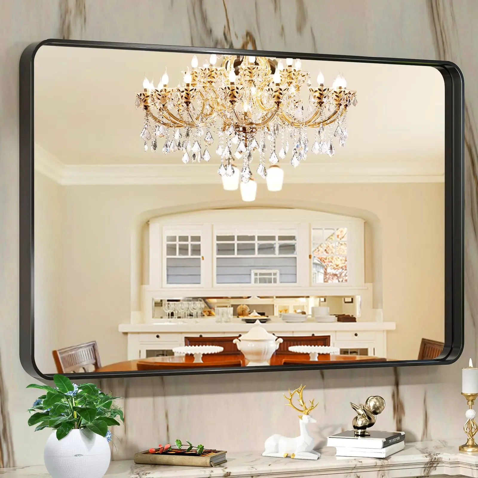 Full-Length Wall Mirror, Modern Rectangular Black Aluminum Frame - Rounded Corners, Tempered Glass, Shatterproof Waterproof Rust-Resistant