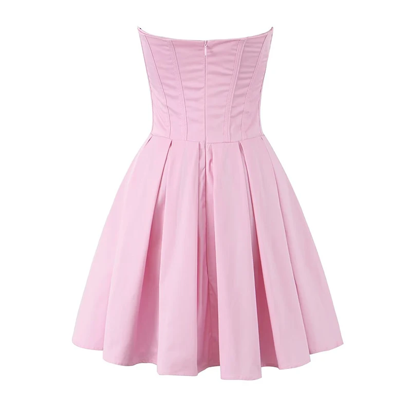 YENKYE Sexy Elegant Women Pink Corset Strapless Dress Deep V Pleated Hem Summer Female Party Mini Dresses Birthday Robe Pretty