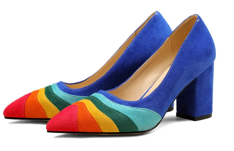 

Bright Rainbow Color Suede Patchwork Pumps Women Kitten Heels Pointed Toe Multicolor Mixed Slingbacks Slip On Banquet Shoes