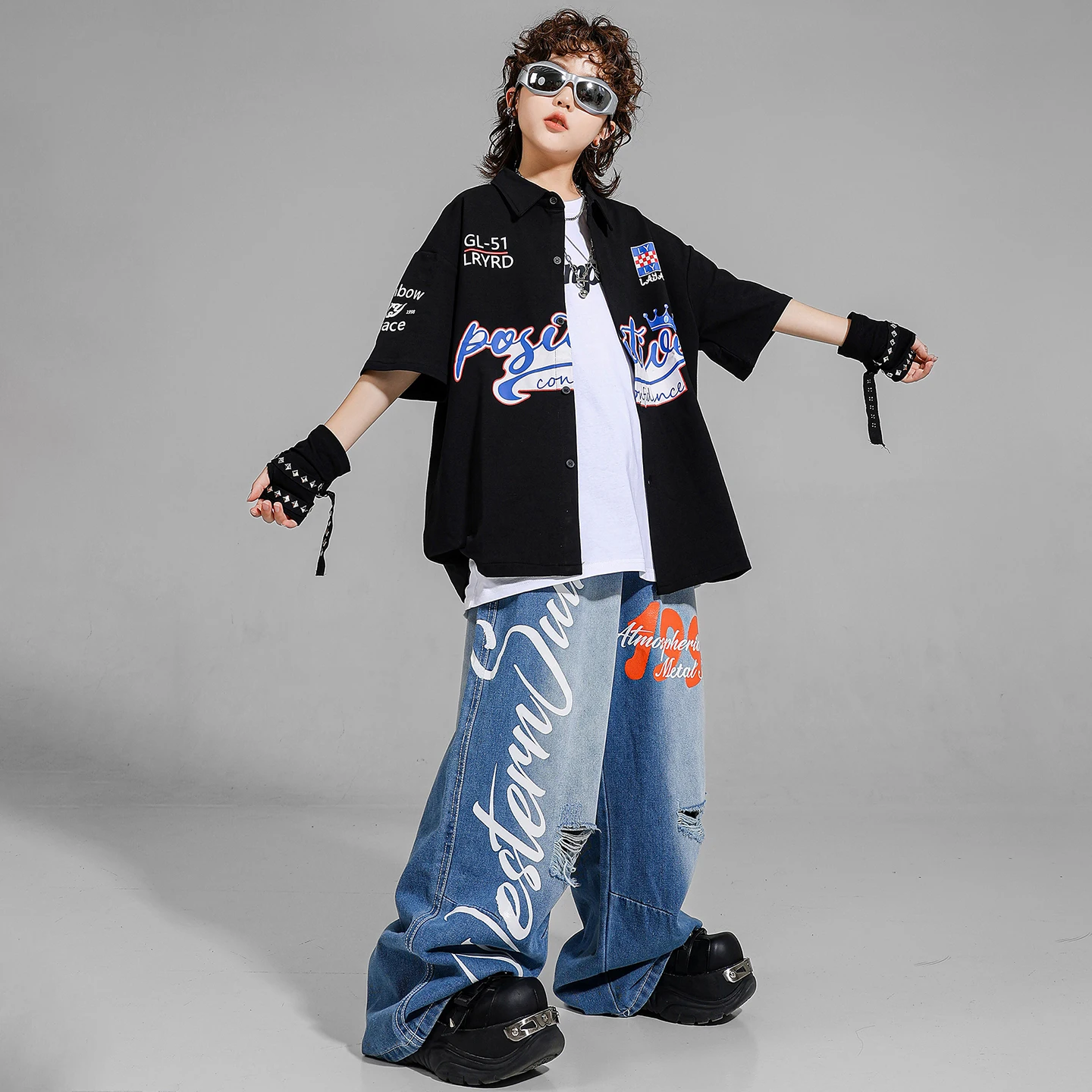 Trajes de Hip Hop para niños, camisa negra holgada, pantalones vaqueros de baile callejero, ropa de calle k-pop para niñas y niños, trajes de baile para niños