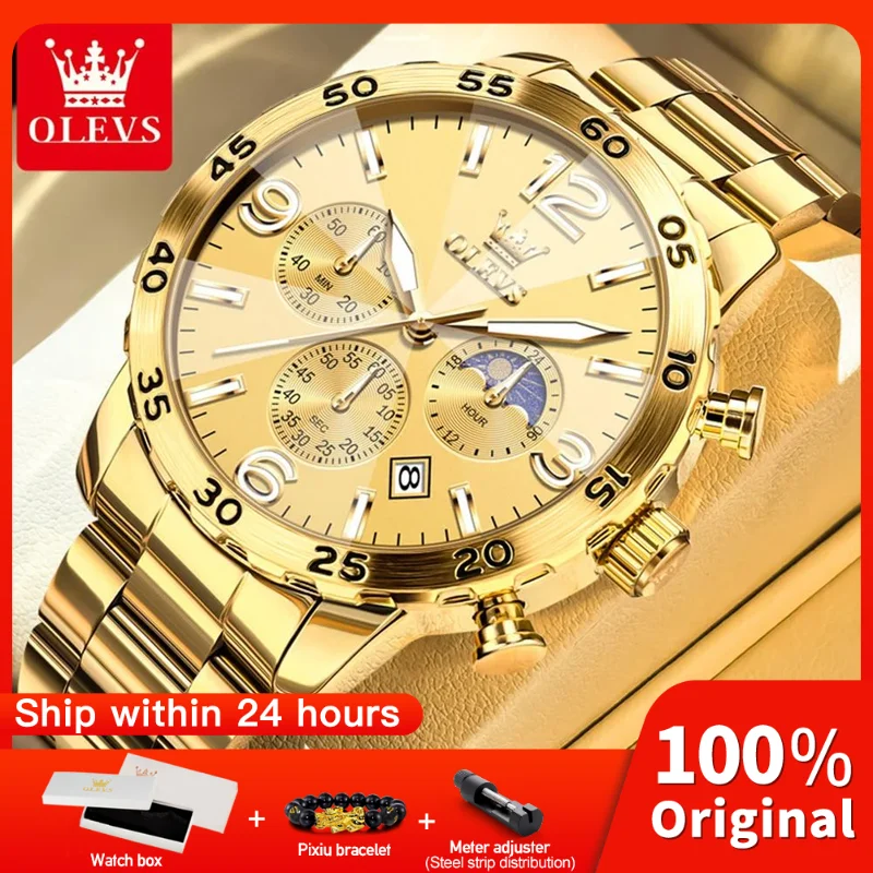 OLEVS 3678 ساعة رجالي أصلية من الفولاذ المقاوم للصدأ ساعة كوارتز مقاوم للماء مضيئة مرحلة القمر ساعة تاريخ تلقائي هدايا رجالي Reloj