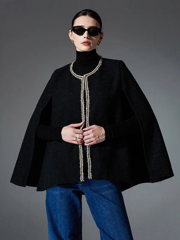 

Autumn Winter Women Layers Poncho Elegant Gold Bright Silk Cardigans Wrap Shawl Capa Para Black Cloak Loose Coat Formal Fashion