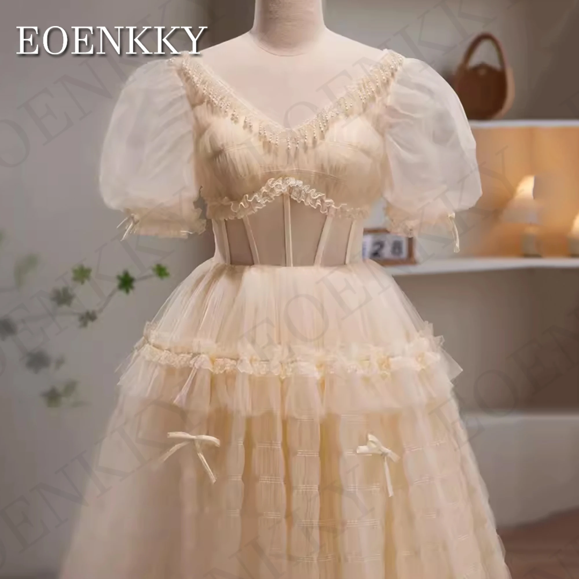 Puff Sleeves Princess Prom Dresses Women Elegant Long Tulle Tiered Special Occasion Dress Pearls V Neck A Line Champagne Elegancka długa sukienka z bufiastymi rękawami dla księżniczki  Tiulowa sukienka na specjalną oka