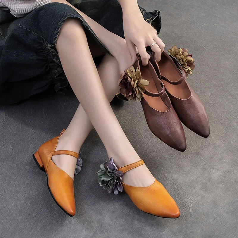 Retro Loafers Women Leather Shoes Mary Jane Shoes Ladies Handmade Genuine Leather Flats Women Flower Shoes Autumn 2024