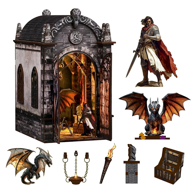 

OUZEY DIY Miniature Wooden Dragons Treasure Labyrinth Book Nook Model Kit Shelf Insert with Bookend for Collectors Birthday Gift
