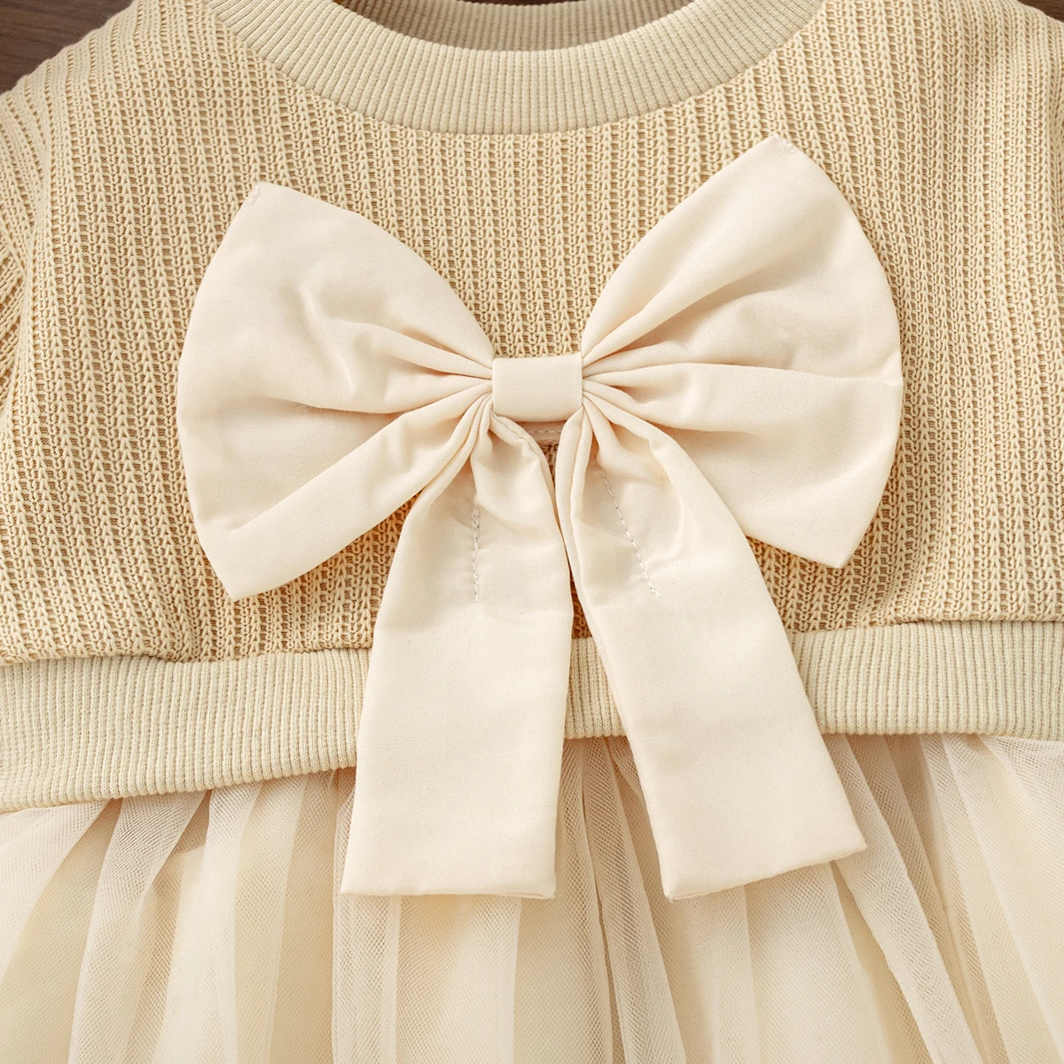 Neuheit Frühling Herbst Kleinkind Mädchen Prinzessinnenkleid mit Schleifendetail Strick Langarm Tüllkleid für Mädchen Geburtstagsfeier – Detail 5
