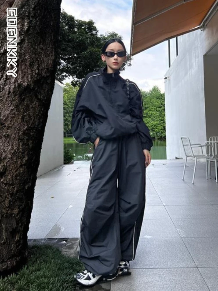 여성용 봄 스포츠 투피스 수트, 하이 스트리트 스포츠 트랙 재킷, 느슨한 스웨트 팬츠, 야외 조깅, 느슨한 운동복