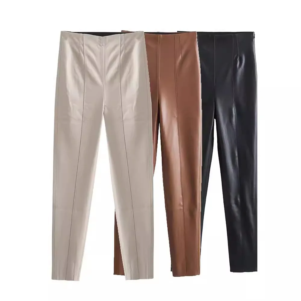 2024 Spring and Summer New Product Women\'s Fashion and Temperament Solid Color Imitation Leather Bottom Pants