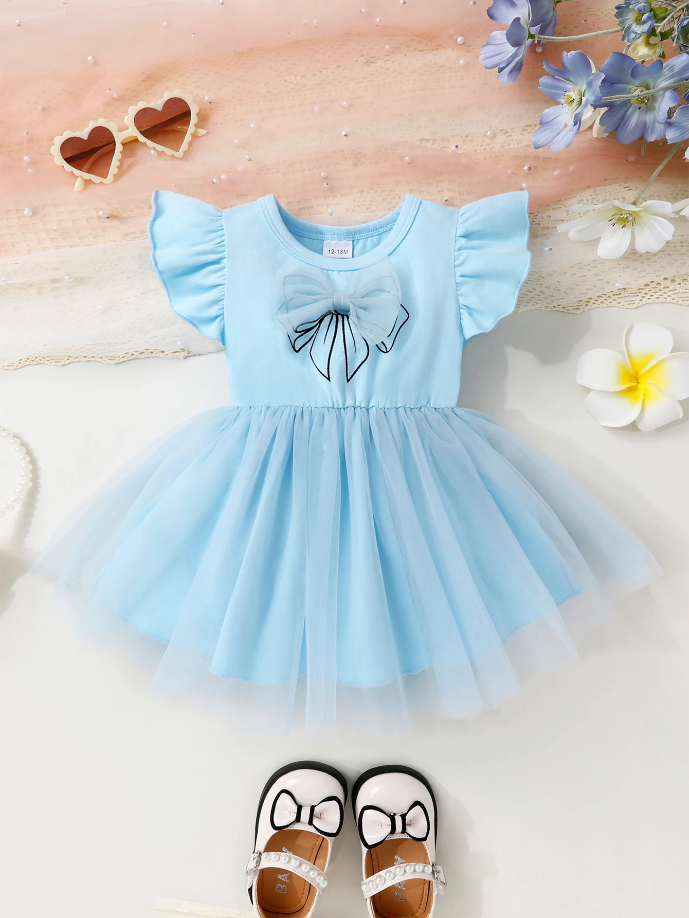 

Baby Girl Blue Tulle Dress Bowknot Ruffle Sleeve Princess Dress Kids Party Birthday Wedding Dress