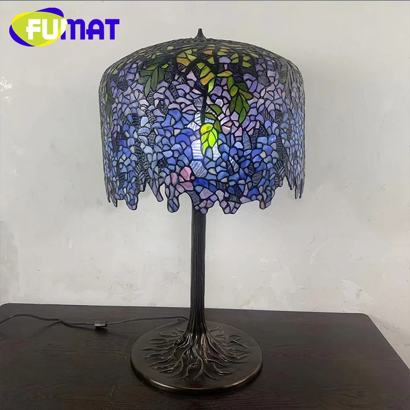 FUMAT Tiffany Blue Wisteria Art stained glass Table Lamp Living Room Study Decorative Light Office light