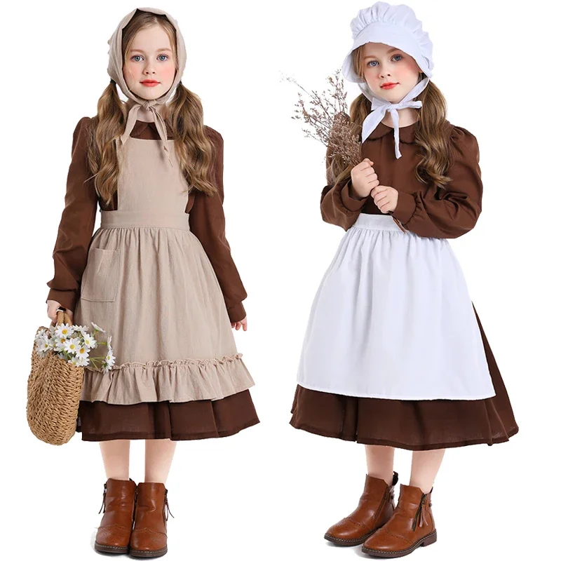 Kids Halloween Maid Dress Vintage Victorian Poor Girl Cosplay Costume Colonial Orphan Outfits