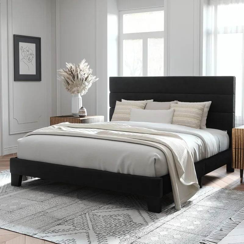 King Size Platform Bed Frame with Velvet Upholstered Headboard and Wooden Slats Support, No Box Spring Needed/Easy Assembly