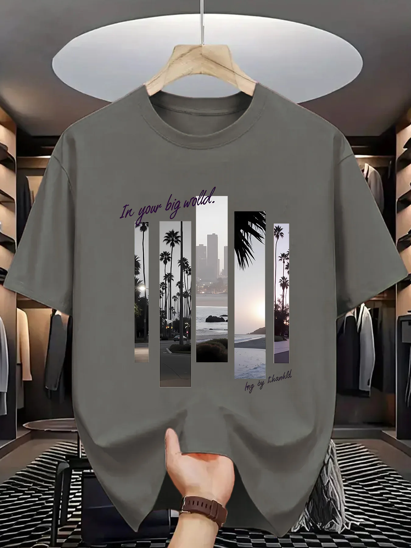 Men's summer 100 cotton fashionable casual sports loose fashion pattern printed round neck short sleeved T-shirt top image 2