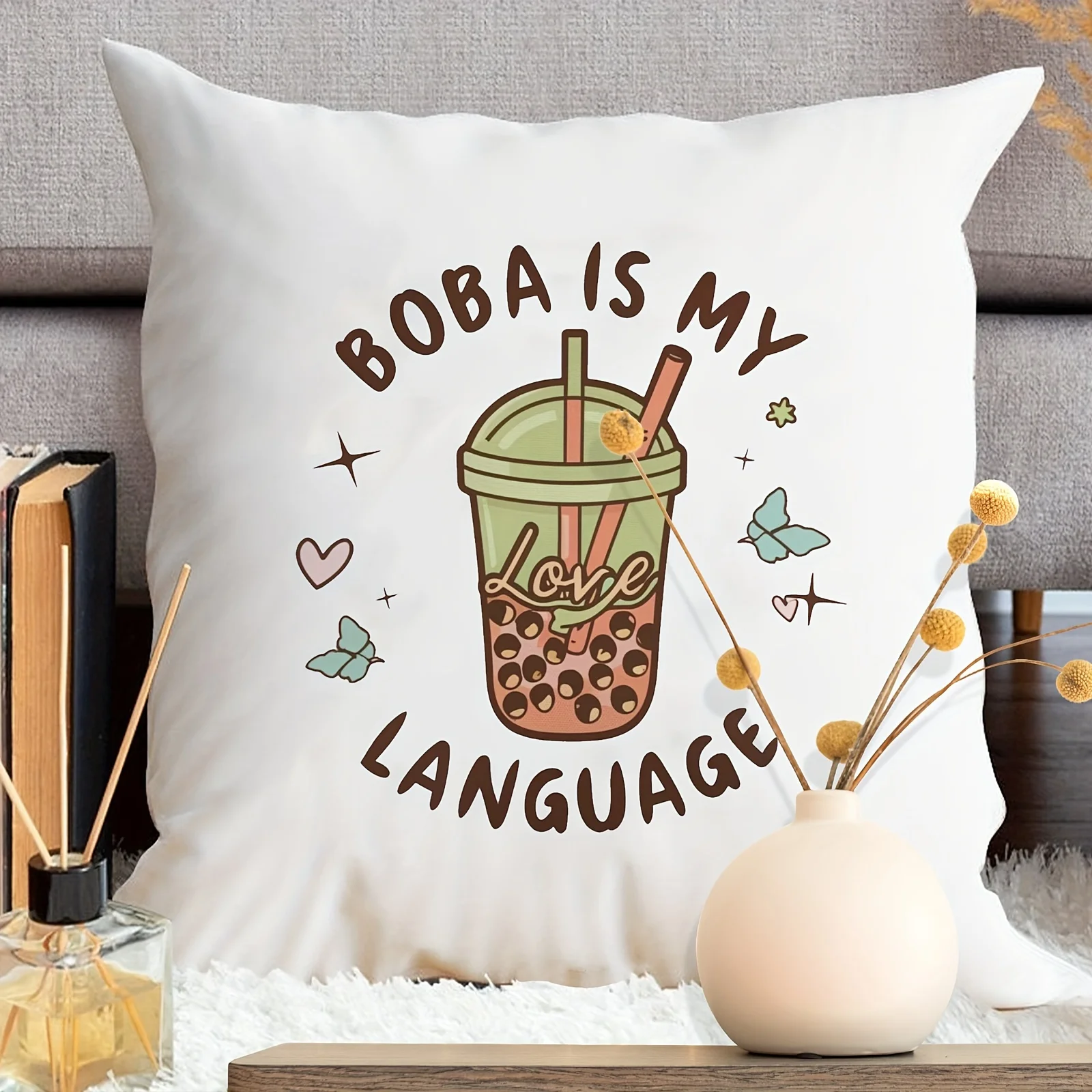 Boba Is My Language Pillow Case, Cute Bubble Tea Art Cushion Cover, Funny Foodie Decor, White Home Textile, Gift for Tea Lover