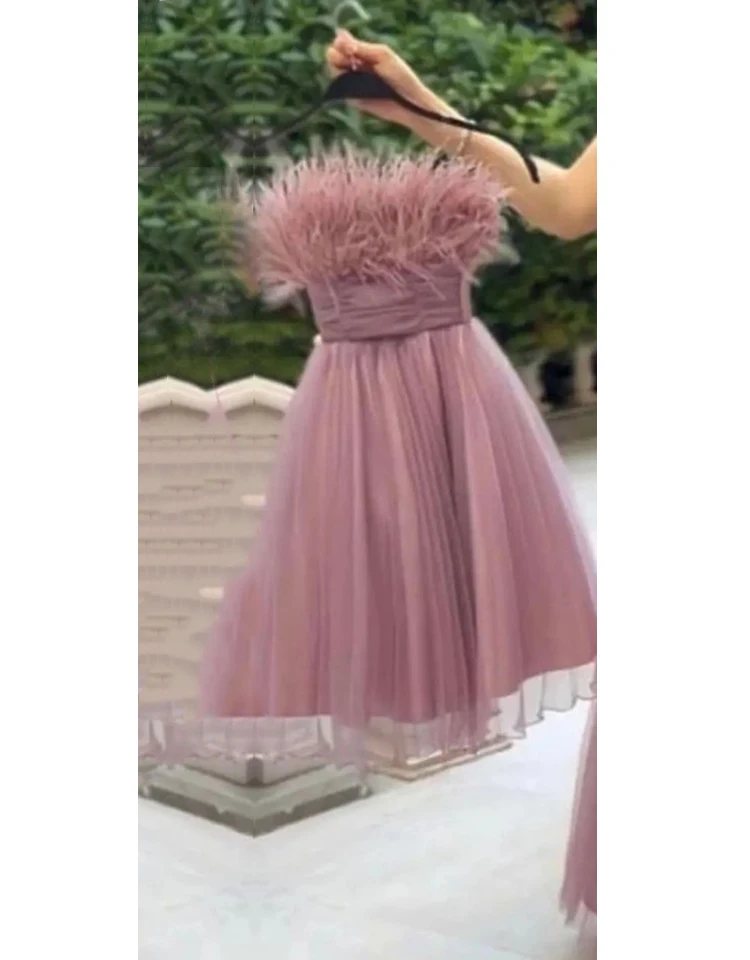 Eightale Dusty Pink Prom Dresses with Feather A-Line Tulle Mother and Daughter Customized Evening Gown for Wedding Party