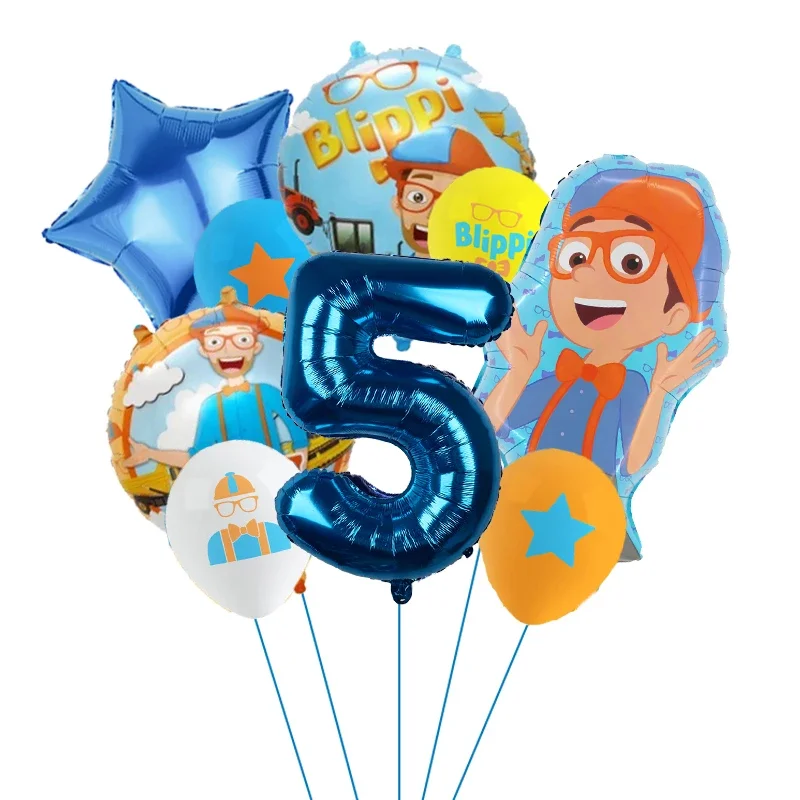 9pcs Blippi Theme Birthday Foil Latex Balloons 32inch Blue Number Children Blippi Birthday Party Decor Supplies Baby Shower Toys