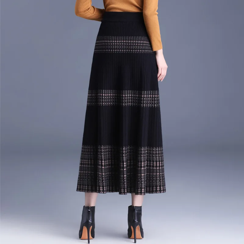 #1647 Winter Knitted Skirt Women Vintage Midi Skirt Spliced Color High Waisted A-line Skirt Ladies Retro Office Skirts Womens