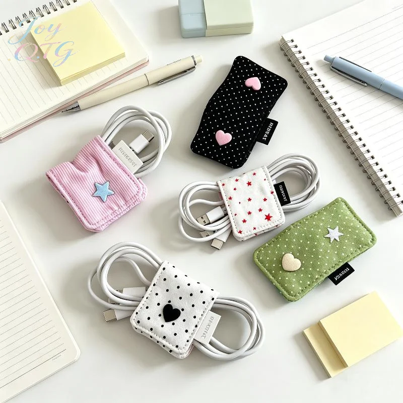 Hot Sale 1Pcs Earphone Decoration Accessories Handmade Fabric Cute Wave Dot Earphone Storage Bag Data Cable Organizer