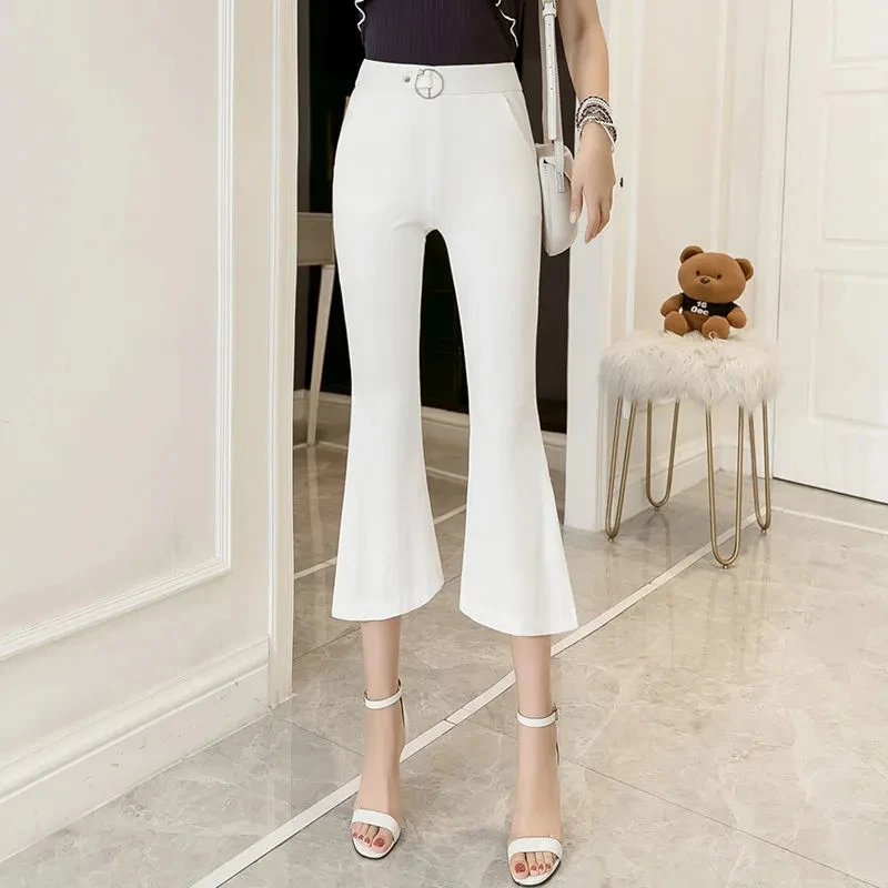 Summer New High Waist Slim Show Thin Split Seven Points Flare Pants Women Solid Color Vintage Pants Female Korean Fashion 2023