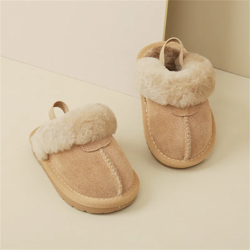 New Winter Baby Shoes Leather Warm Plush Toddler Kids Slipper Shoes Rubber Non-slip indoor Fashion Little Girls Slipper