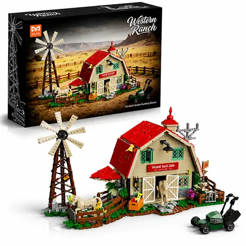 Bauernhaus MOC Baustein-Modell Western Ranch Windmühle Pferd Bausteine Spielzeug Urlaubsgeschenke Stadt-Landansicht Ornament 1359 Teile