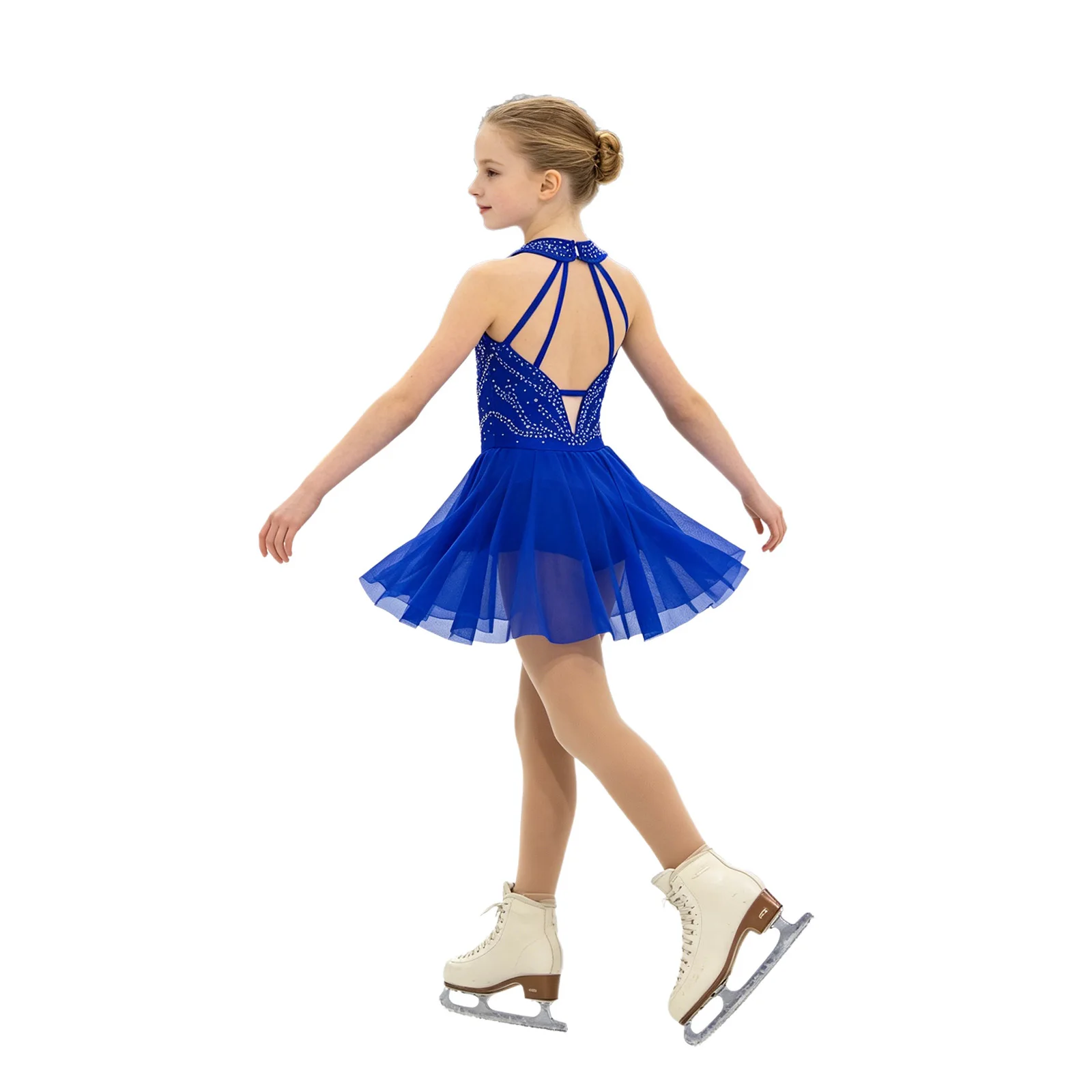 

Kids Girls Figure Skating Rhythmic Gymnastics Performance Costume Shiny Rhinestone Sleeveless Mesh Ballet Dance Dress Leotard