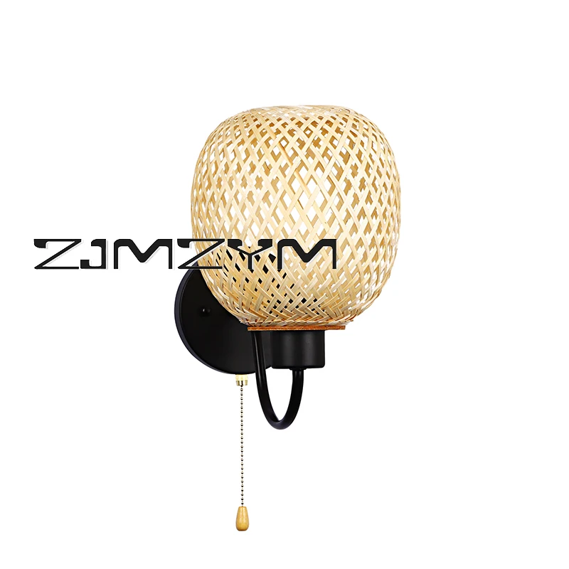 Modern Bamboo Weaving Wall Lamp Idyllic Style Hand Woven Sconce Home Deco Bedside LED Wall Light With Switch Interior Lighting