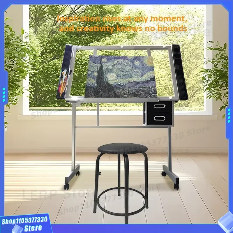Adjustable Height Ergonomic Drawing Table with Glass Top and Drawers for Architects Students School Furniture Drafting Desk