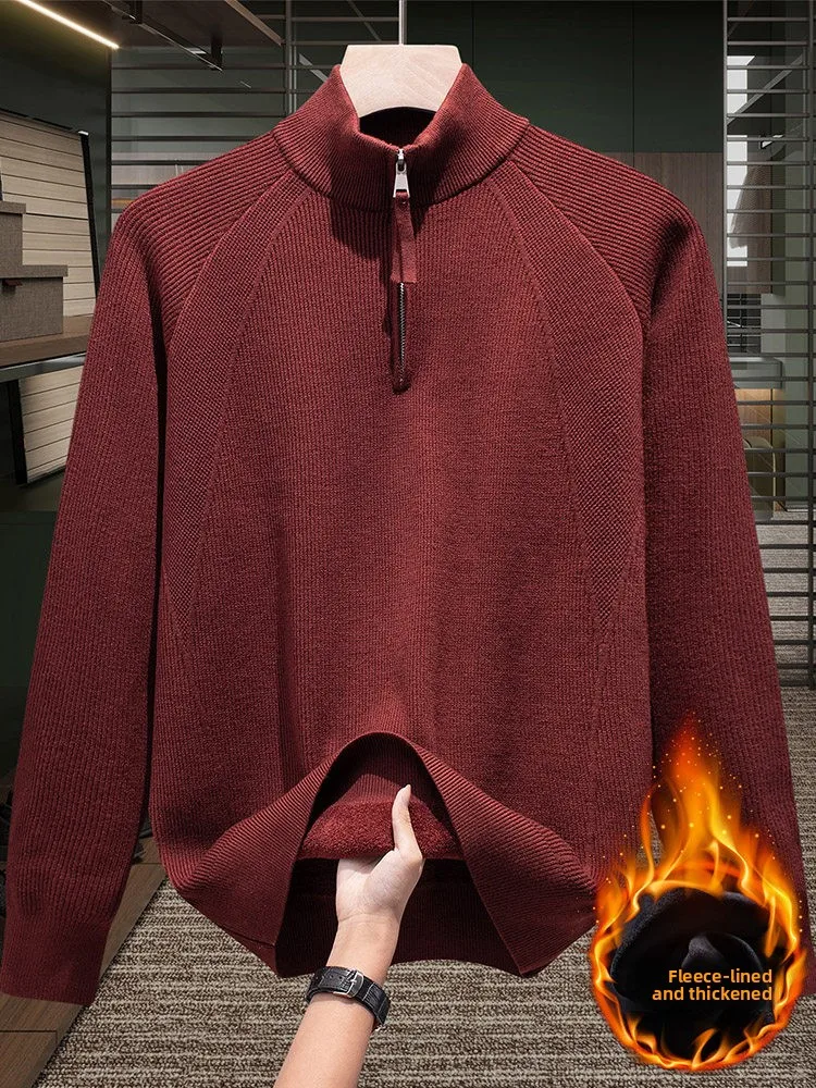 

Утепленный красный вязаный свитер с высоким воротником на молнии до середины груди для мужчин: модный зимний повседневный стиль, теплый и комфортный
