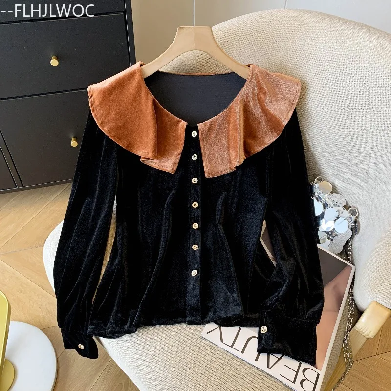 Kerstmis Nieuwjaar Ruches Tops Blouses Nieuwe vrouw Herfst Winter Basics Lange mouw Leuke zoete meisjes Effen Retro Vintage shirts