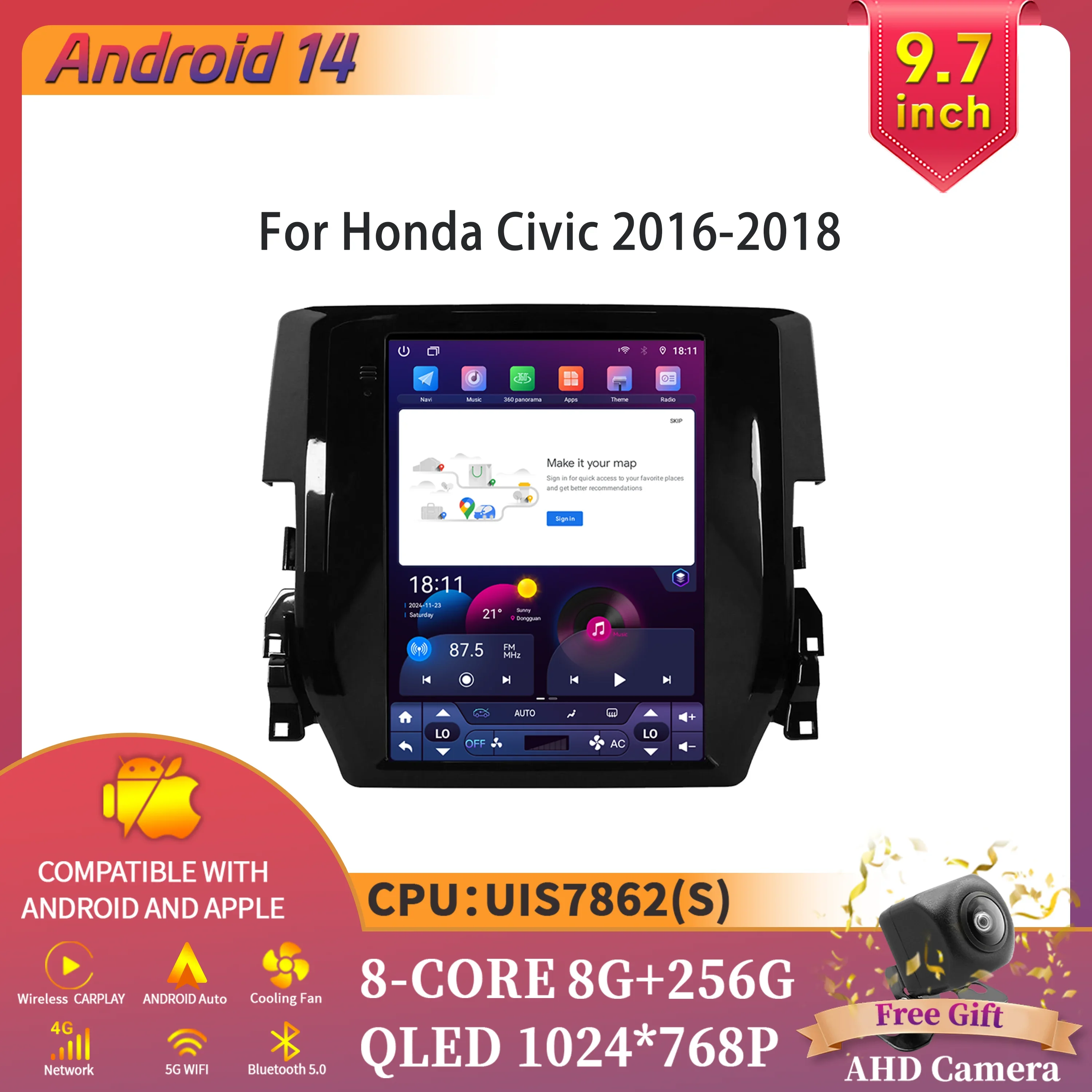 

9.7inch Android 14 For Honda Civic 2016-2018 Car Radio Multimedia Intelligent GPS Wireless Carplay Touch Screen